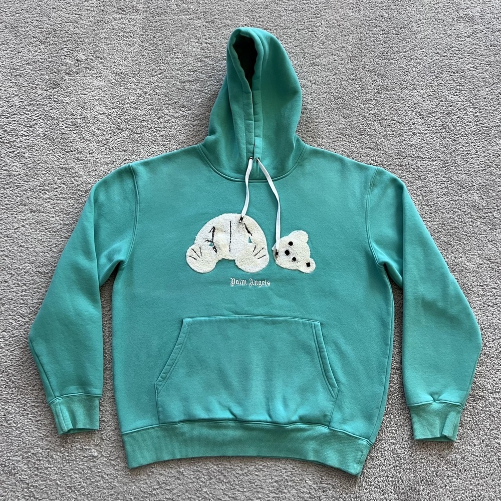 Palm Angels Teddy Bear Hoodie Mens XL Green Graphic Logo Fleece Pullover